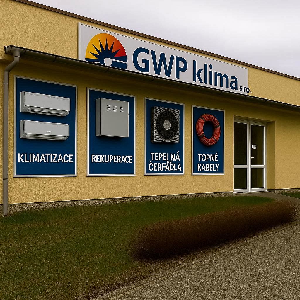 Provozovna GWP Klima v Bludově — výlohy s klimatizací, rekuperací, tepelnými čerpadly a topnými kabely